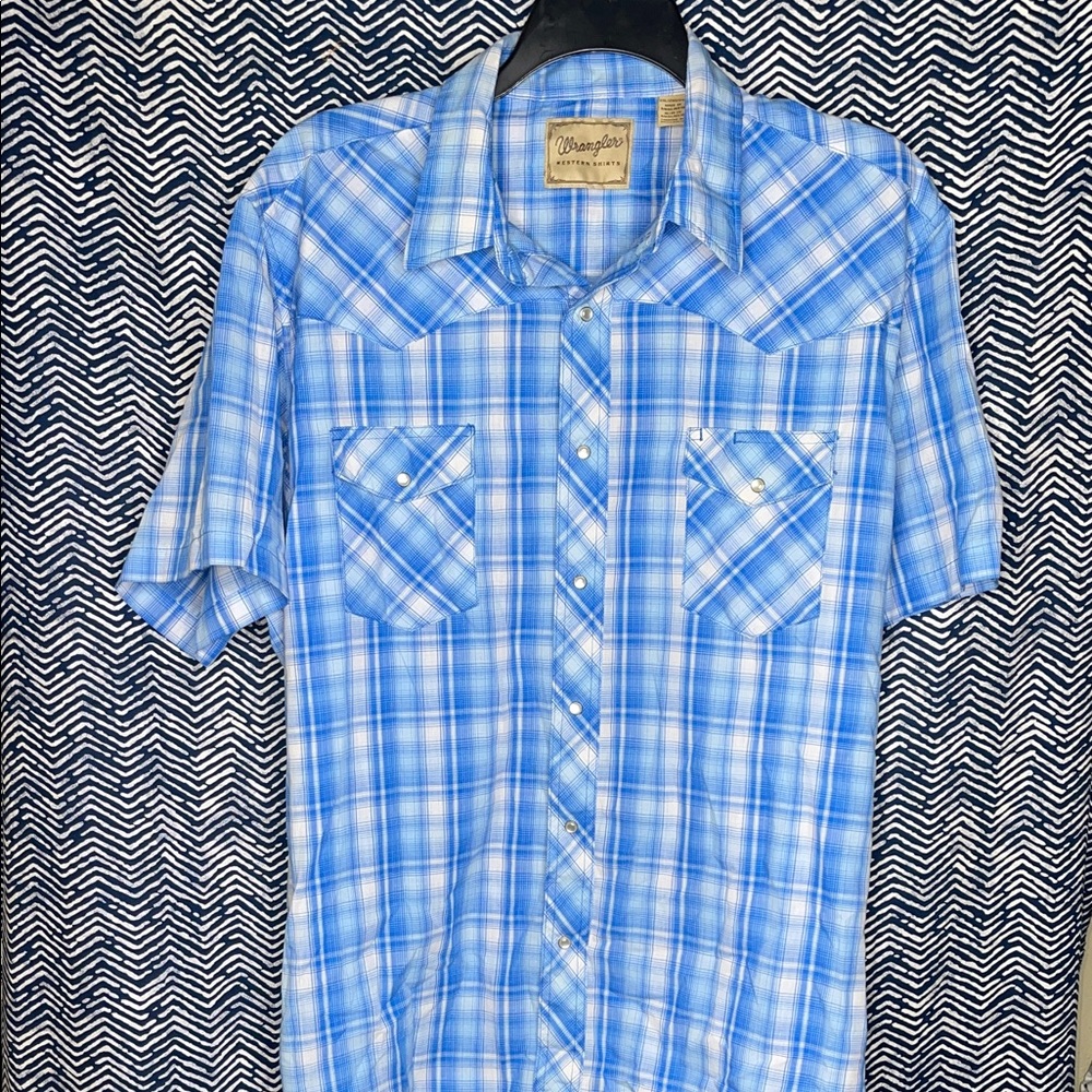 Wrangler Light Blue Pearl Snap Plaid Casual Shirt Short Sleeve